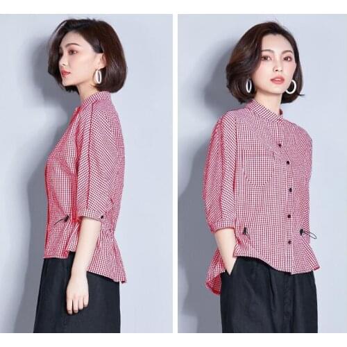 Summer Blouse Fashion 2020 Office Lady Plaid Workwear Half Sleeve Shirts Plus Size MF012