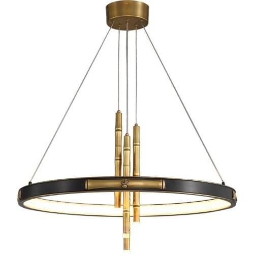 New Chinese style light luxury geometric chandelier, creative antique Zen style long dining room full copper ring chandelier