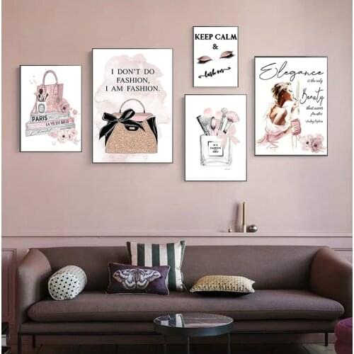 Fashion Art Poster Pink Luxury High Heels Bag Canvas Print Wall Painting Beauty Salon Girls Room Decoration Creative Picture