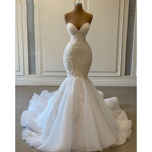 Luxury Crystal Beaded Mermaid African Wedding Dresses Plus Size 2020 Sweetheart Dubai Women White Organza Bridal Wedding Gowns