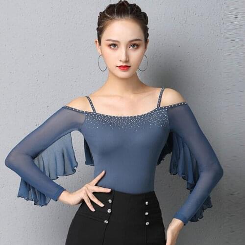 Off-Shoulder Latin Dance Rhinestone Tops Women ChaCha Tango Dancing Practice Clothes Ballroom Modern Performance Costume VDB3735