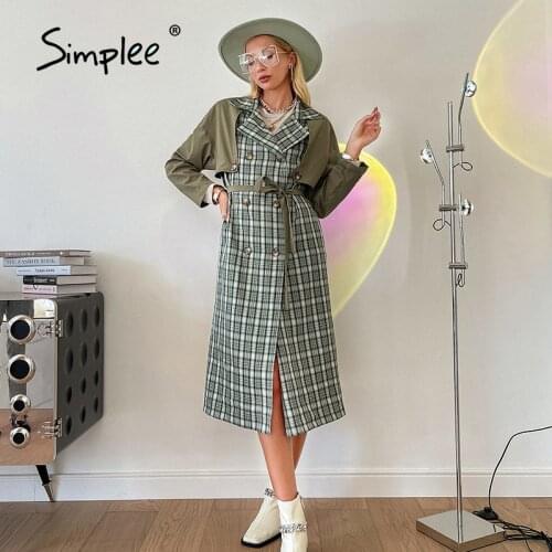 Simplee High street plaid patchwork belt buttons women trench green Loose lapel long coat female Casual pocket notched overcoats