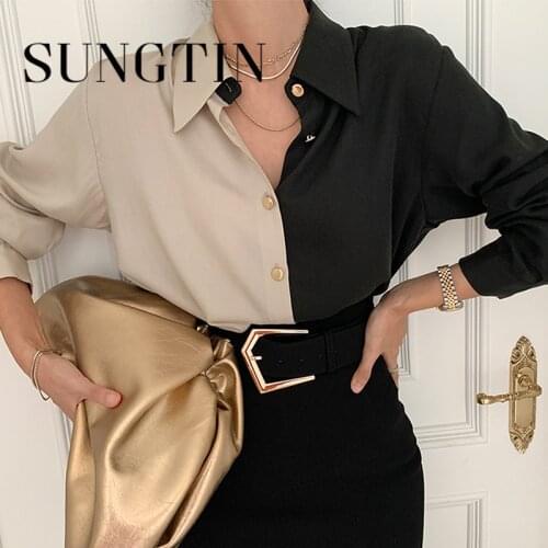 Sungtin New 2021 Women Color Patchwork Blouse Shirt Vintage Oversize Shirt Korean Elegant Color Block Blouse Lady Tops Spring