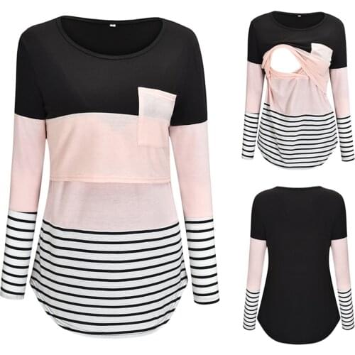 Pregnant Women Breastfeeding Tops Striped Stitching Long-sleeved Out Fashion Maternity T-shirts Nursing Clothes Bottoming Shirts