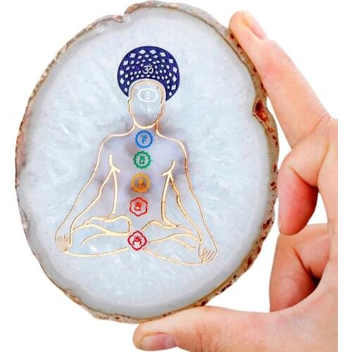 TUMBEELLUW Engraved 7 Chakra Agate Slab Polished Slice Coasters Cup Mat Irregular Healing Crystal Collection Home Decor 3.5-4.3"