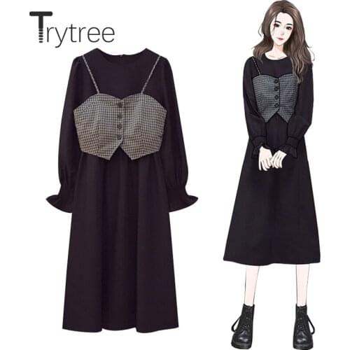Trytree 2021 Spring Two piece Women Set Casual Plaid Vest + O-Neck Flare Sleeve Mid-Calf Black Dress Office Lady 2 Piece Set