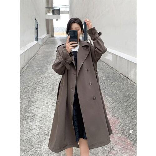 Womens Windbreaker Spring Autumn New Fashion Loose Solid Color Wild Double-breasted Long-sleeved Commute Female Trench Coat 071