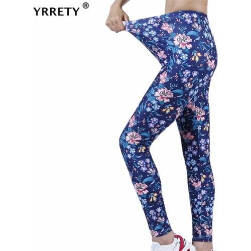 YRRETY Fitness Women Leggings Push Up Bodycon High Waist Workout Fashion Casual Navy Leaf Flower Pattern Printing Knitted Bottom