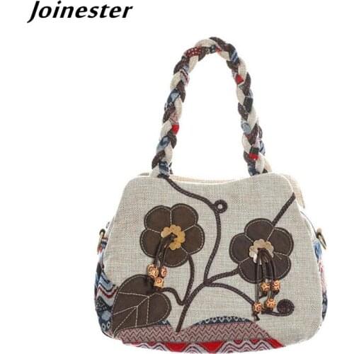 Ethnic Style Women Linen Handbags Braided Handle Retro Totes for Ladies Functional Messenger Bags Female Purses and Clutches