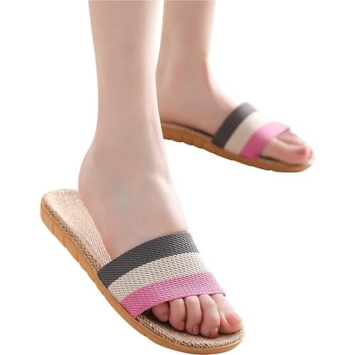 Womens Fashion Casual Slip On Slides Indoor Home Slippers Beach Shoes Women Men Casual Linen Slides Multi-style Non-slip Shoes