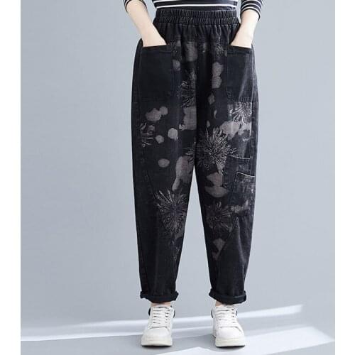 2020 Autumn New Arts Style Women Elastic Waist Patchwork Vintage Print Loose Jeans Cotton Denim Harem Pants Plus Size S67