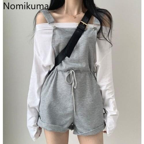 Nomikuma Two Pieces Sweatsuits for Women Off Shoulder Long Sleeve T-shirts + Lace Up Waist Palysuits Korean Sets 2020 New 6B112