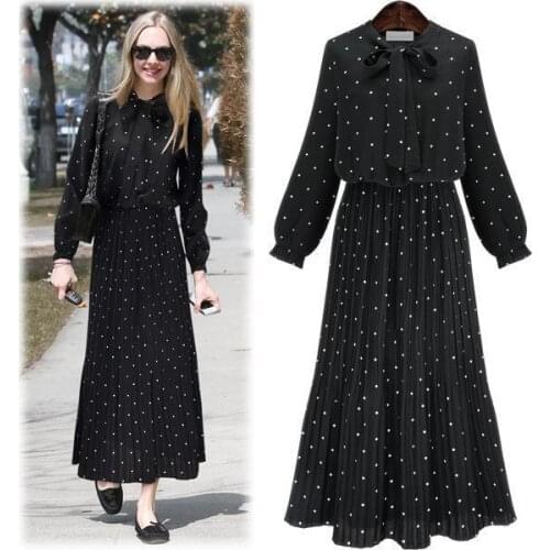 Artfeel 2018 New Print Autumn dress Women Sweet Slim Longuette Boho Black Dress Dot Office Lady dress Lace up Plus Size