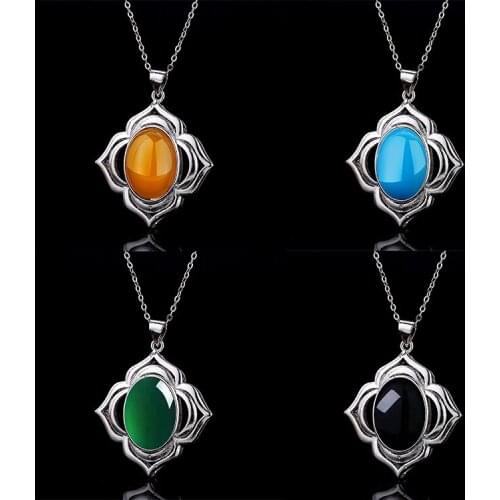 Retro Fashion Oval Agate Semi Precious Stone Pendant 2021 Korean Women Silver Plated Bohemia Necklace for Women Cocktail Jewelry