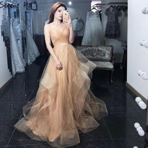Gold A-Line Sleeveless Sexy Prom Dresses 2020 Simple Ruffles Pleat Prom Party Dress Serene Hill LA60816