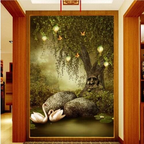 Beibehang 3d wallpaper Custom wallpaper 3D stereoscopic 3D fantasy tree swan lake entrance decorative painting wallpaper mural
