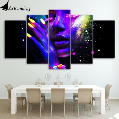 Artsailing 5 Canvas Make-up Picture Sexy Woman Color Purple Makeup Canvas Decorative Paintings Phosphor on Face HD Sexy Beauty