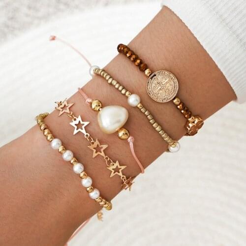 5 Pcs/Set Bohemian Fashion Imitation Pearl Beads Jesus Bracelets for Women Trendy Gold Star Chain Bracelet Set Jewelry Gifts