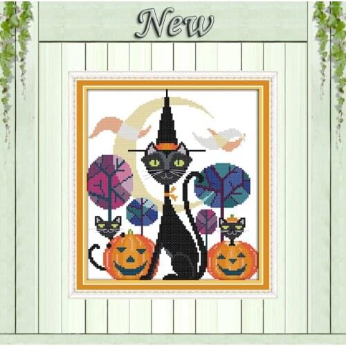 The black cat of Halloween cartoon painting counted print on canvas DMC 14CT 11CT DMC Cross Stitch Embroidery kit Needlework Set