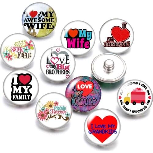 DB0420 Love Wife Husband friends grandma 18mm snap buttons 10pcs mixed round photo glass cabochon style for snap button jewelry
