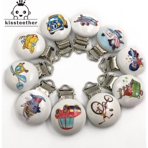 Wood Natural Baby Pacifier Clip Charm Antique Wooden Clip Selectable traffic printed pacifier Suspender Clip Round and Flat