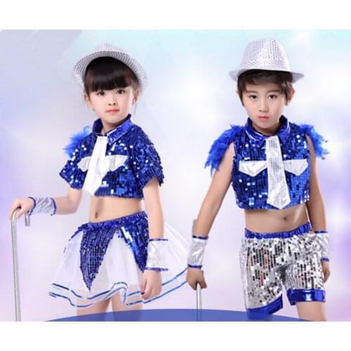 Childrens Jazz Dance Costumes Boy and Girl sequins feather Performance Wear Blue and gold child Stage Dance Costumes
