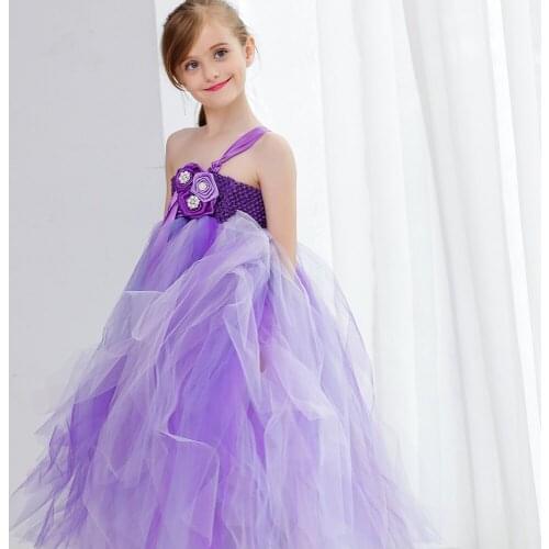 Flower Girl Tutu Long Dress Purple and Lavender Flower Little Angel Vintage Inspired Tutu Set For Baby Girl Wedding Party PT19