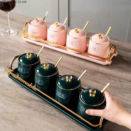 Household Ceramic Sugar Jar Creative with Tray Seasoning Box Storage Ornaments Salt Monosodium Glutamate Jar Seasoning Jar Set