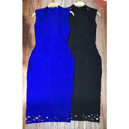 Hot Style!! Black Blue Sleeveless High Fashion Ladies Bodycon Knee Length Bandage Dress Wholesale