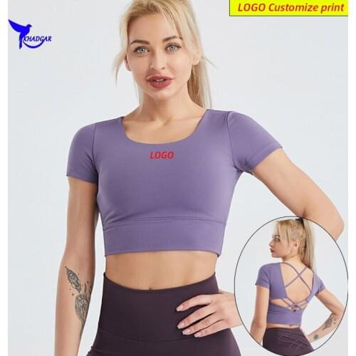 Custom LOGO Sexy Padded Sports Crop Top Women Short Sleeve Gym Fitness Underwear Quick Dry Elastic Push Up Yoga Running Shirts