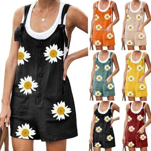 Summer Women Sleeveless Marguerite Print Pockets Cotton Linen Jumpsuit Bib Overall Womens Plus Size M-5XL Jumpsuit Bodysuit