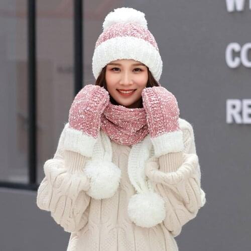 3 Pieces Set Winter Women Hat Scarf Gloves Set For Girls Thick Cotton Hats Sets Winter Accessory Female Beanie Scarf Gloves
