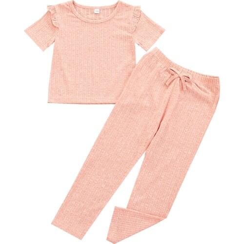Citgeett Summer Solid Toddler Baby Girls 2Pcs Outfits Ruffle Short Sleeve Tops + Elastic Waist Pants Clothes Set