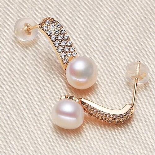 Hot Gorgeous 7-8MM Real Freshwater Pearl Earrings Gold Plated Stud Earrings Nice Party Wedding Female Girls Gift 10 pairs/lot