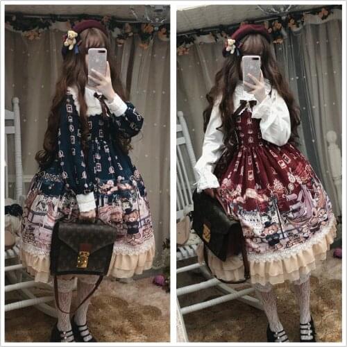 Cute Kawaii Lolita British Retro Navy Long Sleeve Jsk Dress Cos Loli Tea Party op Dress Lolita Court Princess Vestidos
