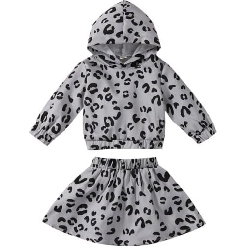 2021 1-6Y Fashion Kids Baby Girl Clothes Set Spring Fall Leopard Print Long Sleeve Hooded Top Pullovers+A-line Skirt Fall 2pcs