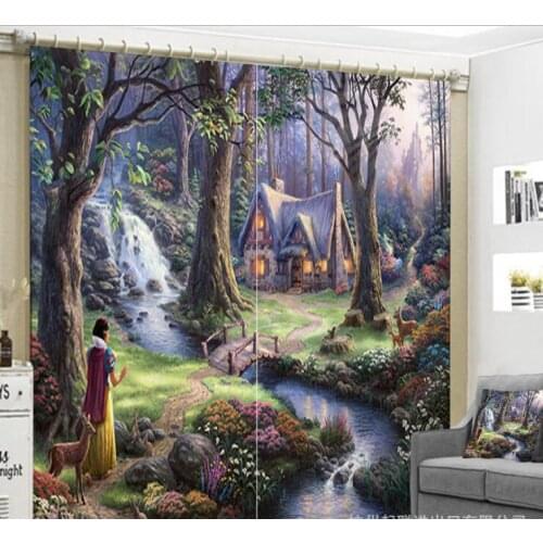 Cartoon fairy wooden house Curtains kids Bedroom 3D Window Curtains living room decorate Cortinas Drapes Rideaux pillowcase