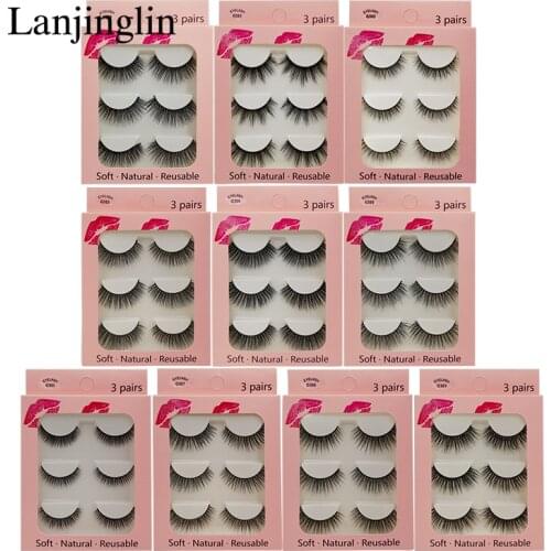 LANJINGLIN False Eyelashes 3 pairs 3D Mink Lashes Soft Natural Wispy Handmade Faux Mink Lashes Extension Makeup Kit Tool