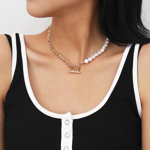 TARCLIY Trendy Half Figaro Link Chain Half Pearl Choker Necklace Asymmetric Toggle Clasp Chain Vintage Geometric Women Jewelry