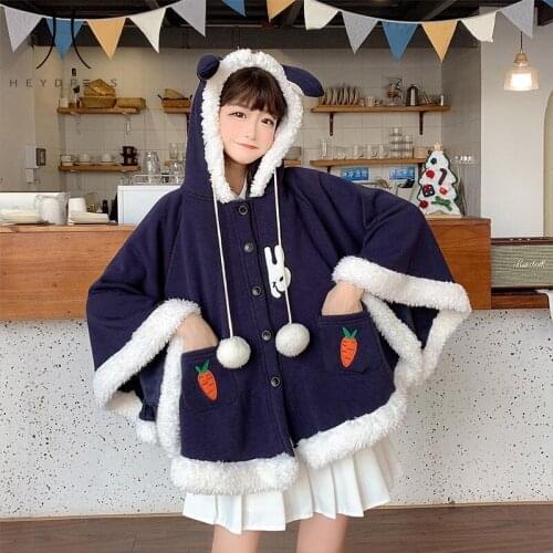 Soft Girl Bat Cape Christmas Outerwear New Lolita Cloak Coat Women Japanese Cute Cartoon Rabbit Ears Hooded Splicing Wool Jacket