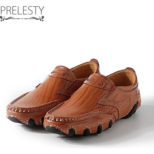 Prelesty New Chic Design Men Slip on Genuine Leather Handmade Mens Loafers Dress Flats Male Moccasins Zapatos Hombre