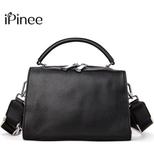 IPinee Simple Style Women Shoulder Bag 100% Genuine Leather High Quality Lady Crossbody Bag Black Fashion Tote Handbag