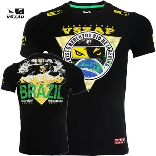 Vszap MMA Fighting Fitness Sports Elastic Brazilian Jesus Short Sleeve T-shirt Mens Fighting Training Muay Thai Boxing