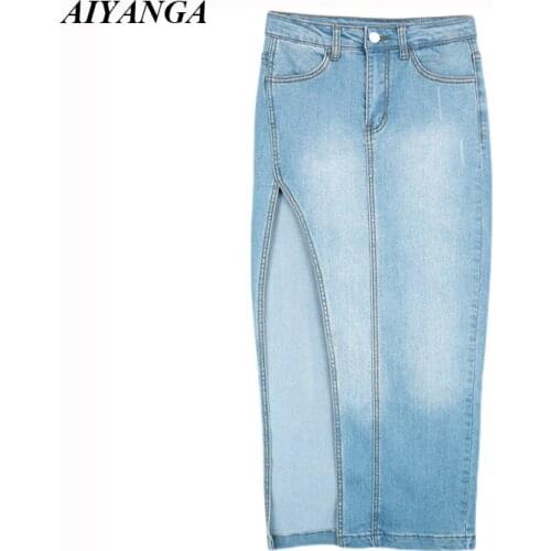 2018 New Fashion Sexy High Split Denim Skirts For Women Medium Long Pack Hip Jeans Skirts Slim Club Skirt Female Spring Summer