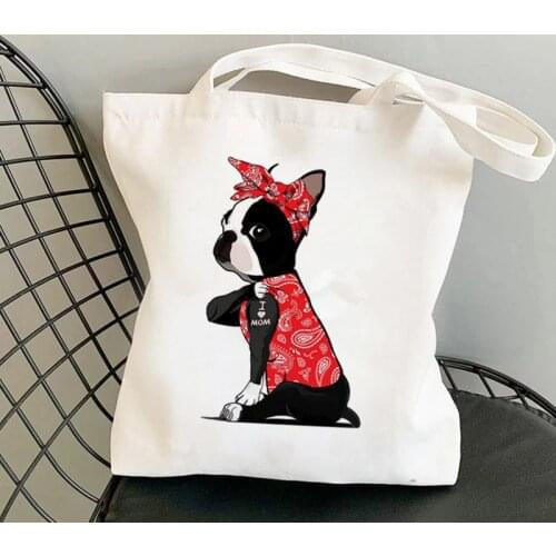 Shopper Red Bandanas Boston Terrier I LOVE MOM Printed Tote Bag women shopper handbag girl Shoulder shopping Lady Canvas Bag