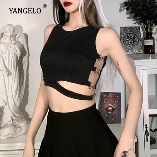 Punk Functional Style Black Tanks Harajuku Streetwear Sexy Cut Out Women Tops Grunge Goth Bodycon Summer Tank Top