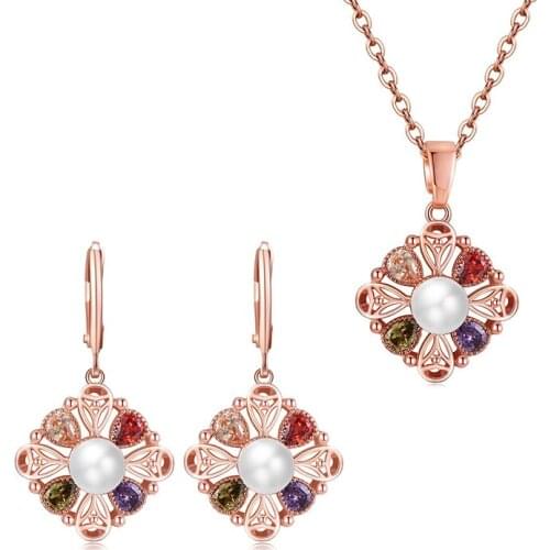 Womens Fashion Colorful Zircon Earrings/Necklaces Jewelry Sets Shiny Crystal Pearl Female Charm Wedding Accessories Jewelry