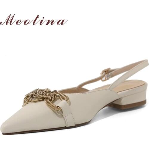 Meotina Sandals Shoes Women Natural Genuine Leather Sandals Med Heel Shoes Pointed Toe Thick Heel Lady Footwear Summer Black 40