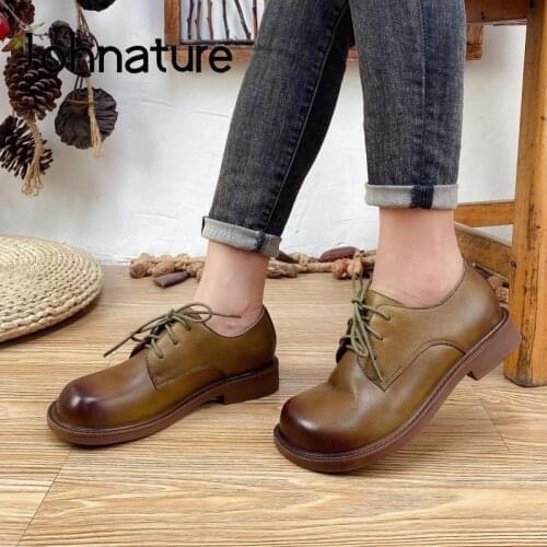 Johnature Pumps Women Shoes 2021 New Spring/Autumn Genuine Leather Retro Round Toe Handmade Concise Sewing Leisure Ladies Shoes
