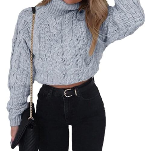 Women Winter Sexy Turtle Neck Long Sleeve Knitted Sweater Twist Short Pullover